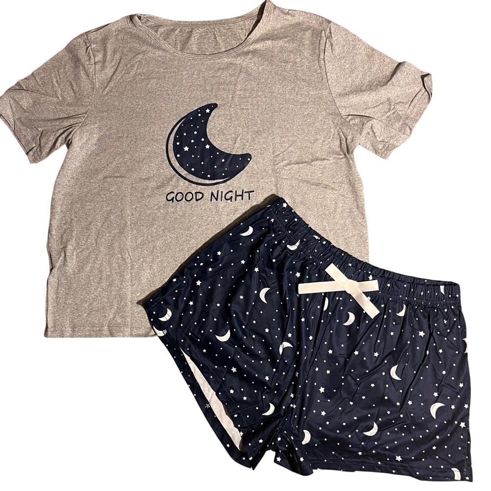 New Womens Sleepwear Set Pajama Top Shorts‎ Moon Star Print Grey Navy Size L